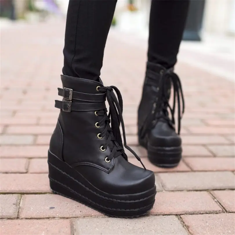 

High Top Punk Creepers Women Lace Up Wedges High Heel Motorcycle Boots Female Round Toe Platform Party Pumps Shoes Casual Shoes