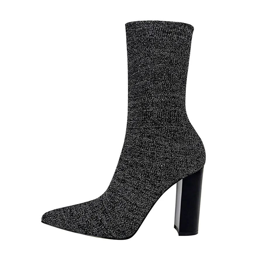 34-43 Sexy Sock Boots Knitting Stretch Square High Heel For Women Pointed Toe Shoes 2024 Autumn Fashion Dress Woman Boats Silver