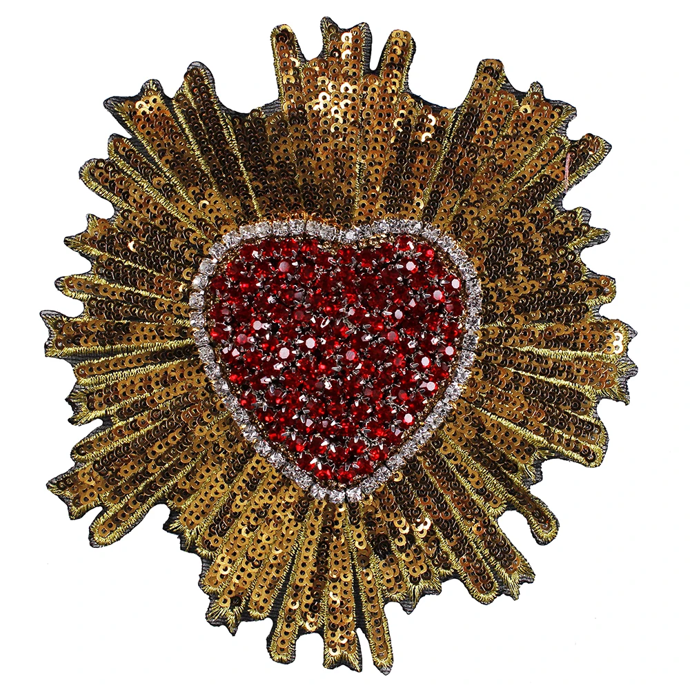 10pieces Beaded Red Gold Crystal Heart Fabric Patches Sequin Paillette Applique Badges Craft Sewing Supplies TH784