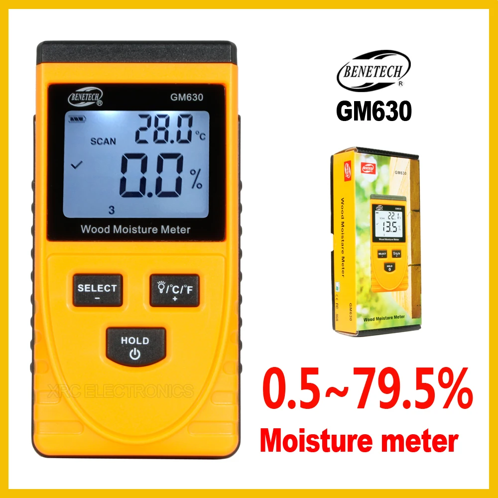 

Digital Induction Wood Moisture Meter Tree Timber Moisture Content Tester 0-50C Wood Thermometer LCD Backlight GM630-BENETECH