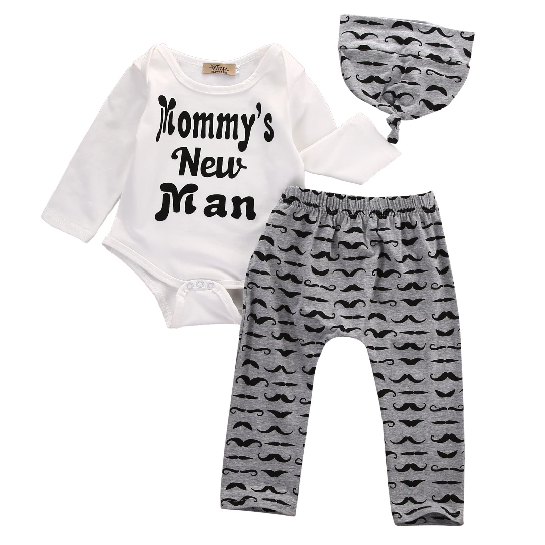 Cute 3PCS Set Newborn Baby Boy Clothes Lovely Mommy's New Man Mustache Print Bodysuit Tops Long Pants Hat Outfits 0-18M