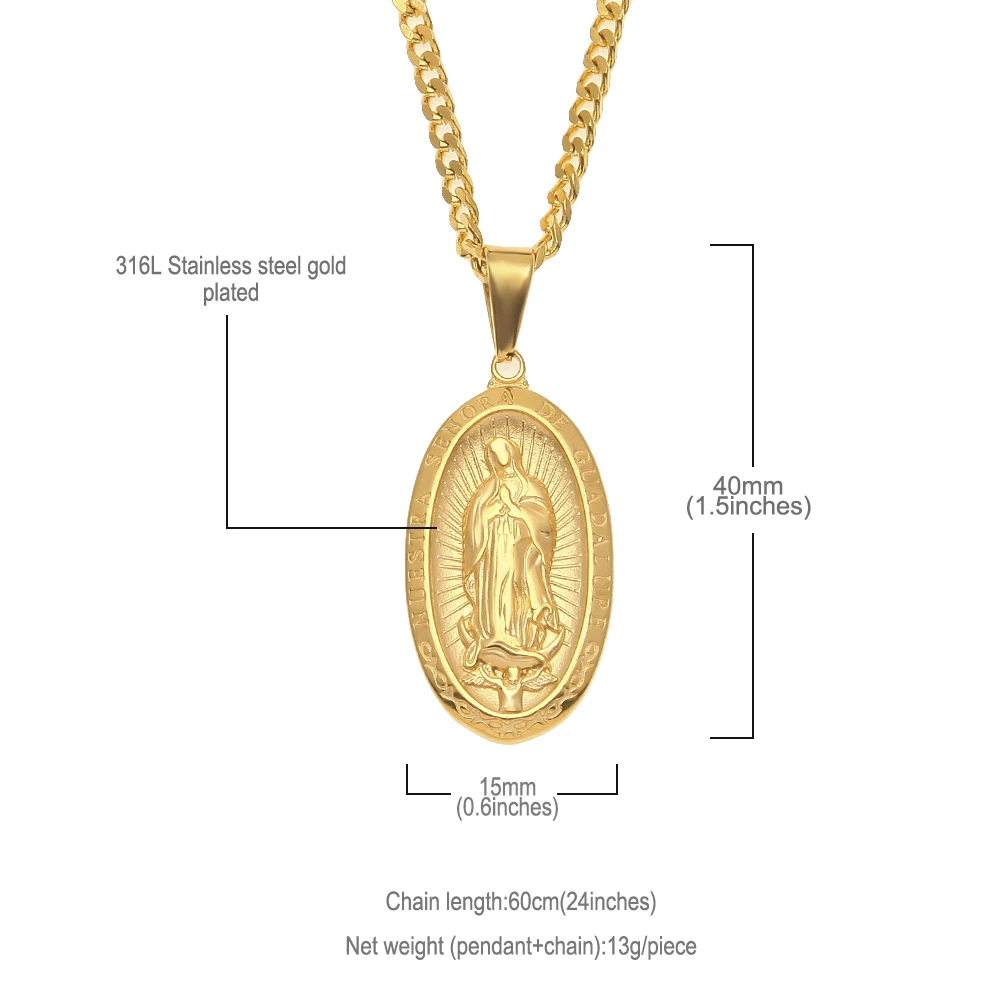 Catholic Religious Virgin Mary Necklace Pendant Stainless Steel Gold Color Cross Medallion Women Men Christian Jewelry