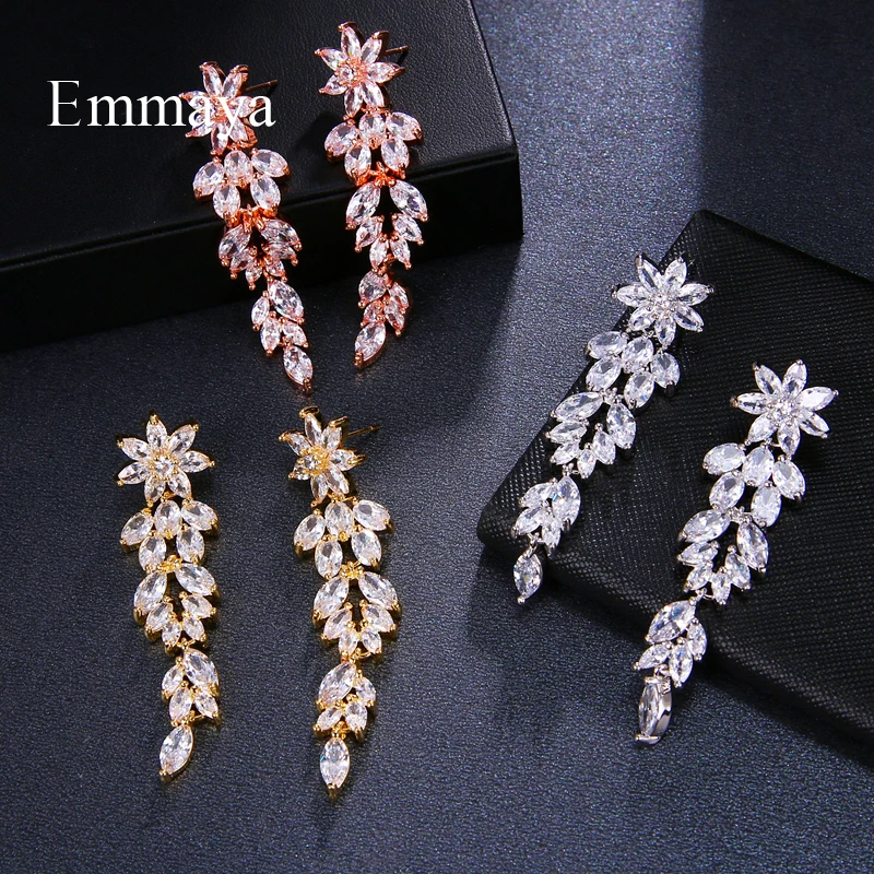 Emmaya Fashion Female Crystal Leaf Drop Earrings 3 Colors Zircon Earrings Boho Wedding Jewelry Long Dangle Earrings