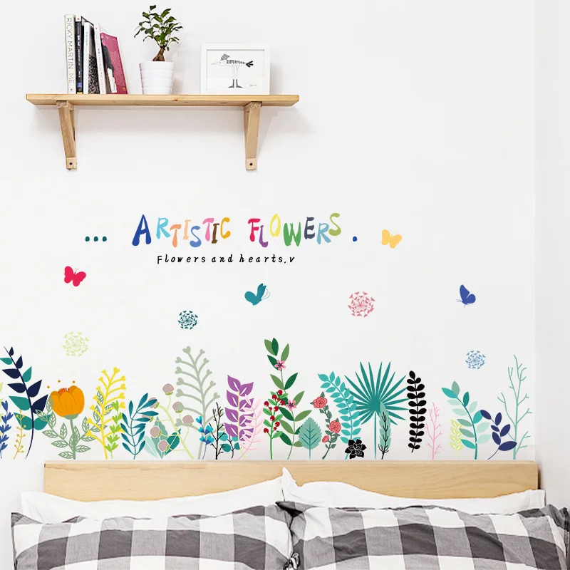 

Baseboard Colorful ARTISTIC FLOWERS Wall Sticker Removable Living Room Bedroom Background Decoration Mural For Home Decor Decals