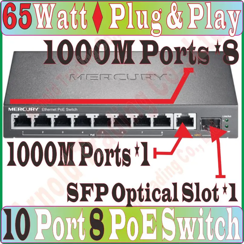 10 portas 8 poe 1000mbps interruptor embutido/at poe compatível com todos os tipos de câmera/ap, max. potência de saída poe 65 watts