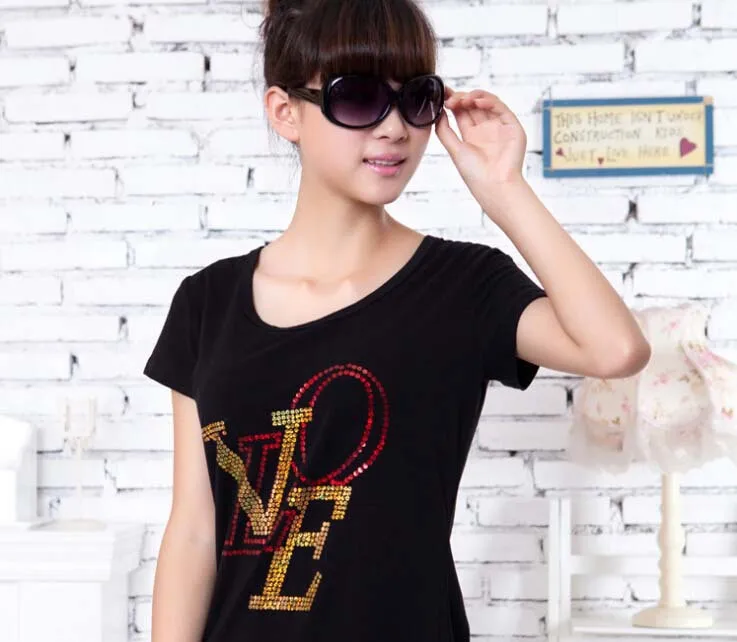 2pc/lot Fashion Sequins T-shirt Love letter decoration hot fix rhinestone motif iron on crystal transfers design rhinestones