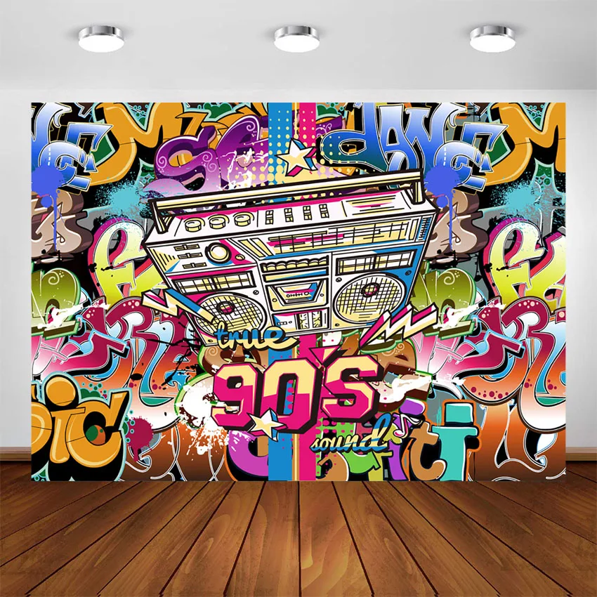 

Hip Pop 90's Backdrop Graffiti Music 90th Theme Party Background 90s Personalized Portrait Decoration Photography Backdrop