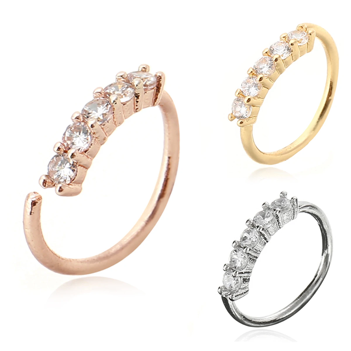 1pc Small Thin 5 Crystals Rhinestone Stainless Steel Nose Hoop Ring 3 Colors