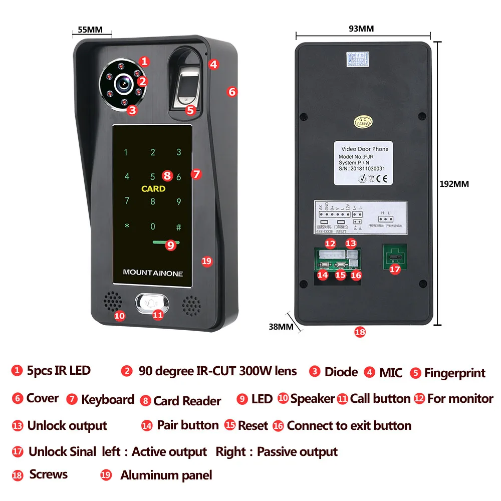 Fingerprint IC Card Video Door Phone, Doorbell Intercom, Door Access Control System, Night Vision Segurança, CCTV Camera, 10"