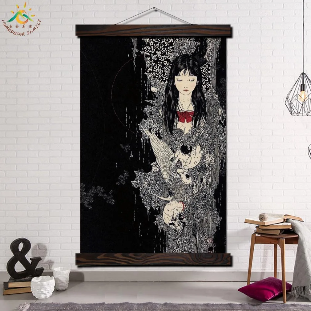 

Japan Art Mysterious Girl Scroll Painting Modern Canvas Art Prints Poster Wall Painting Artwork Wall Art Pictures Home Decor