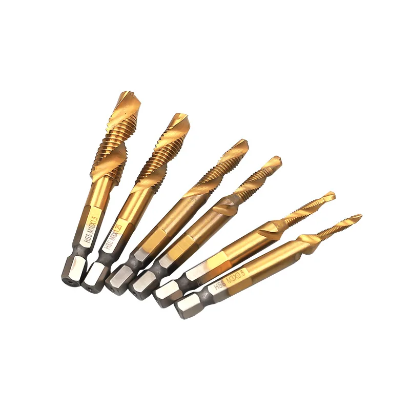 6pcs/Lot Twist Drill Bit Set 1/4 inch Hex Shank M3-M10 Titanium Coated HSS Drilling Tap Bits Thread Screw Tapping Tools