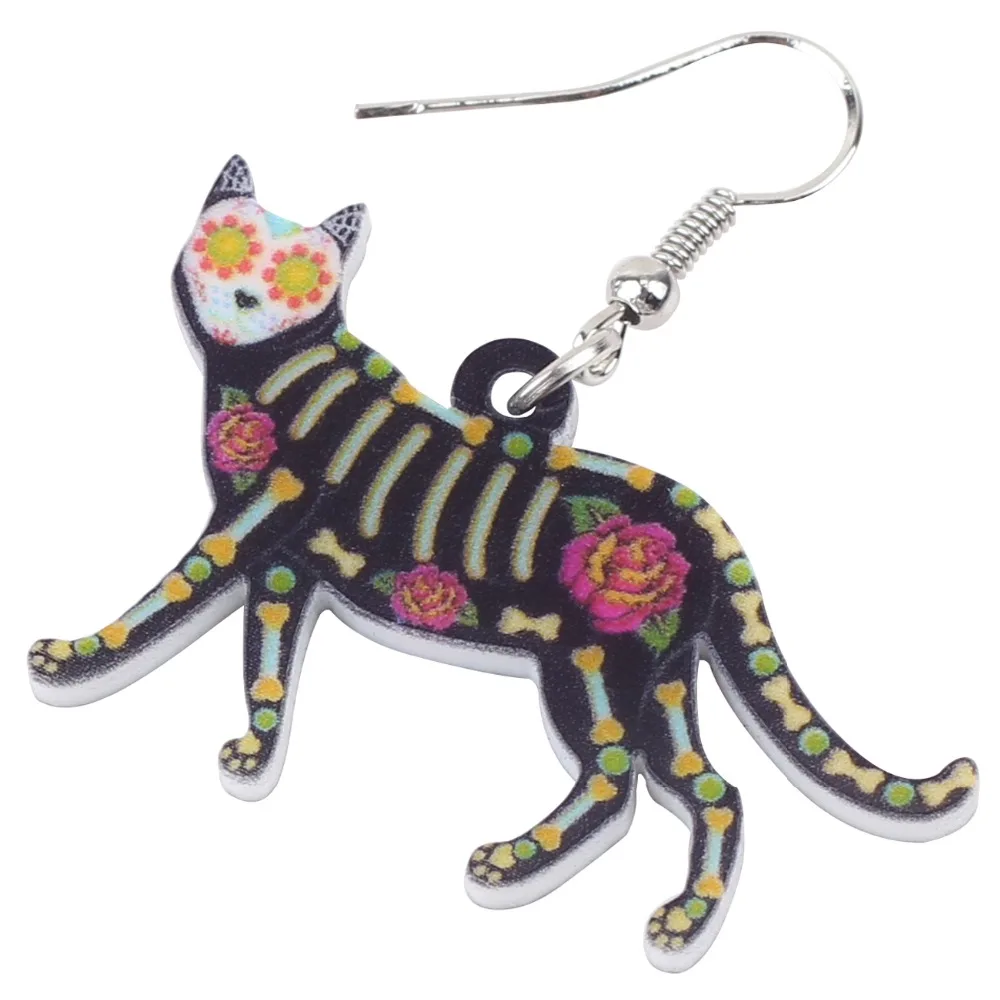 Bonsny Acrylic Halloween Floral Walking Cat Kitten Earrings Big Long Drop Dangle Novelty Jewelry For Girls Women Lady Kids Gift