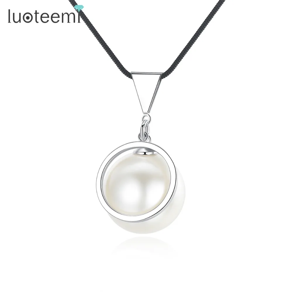 

LUOTEEMI Newest Collier White Gold Color Big Round Simulated Pearl Pendant Necklace Jewelry For Women Black Chain Fashion Bijoux