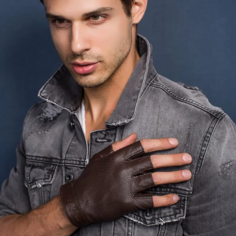 HIGHSHINE Mens Fingerless Leather Driving Gloves Male Breathable Lambskin Unlined Half Finger Gloves