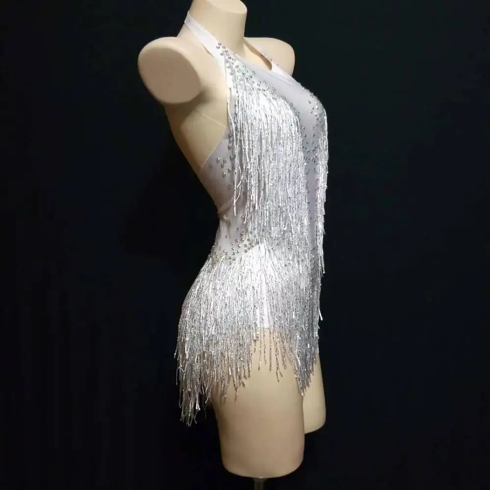 Sexy Pole Latin Dance Tassel Bodysuits White Red Crystal Stones Sexy Backless Bar Nightclub Performance Singer Dancer Costume