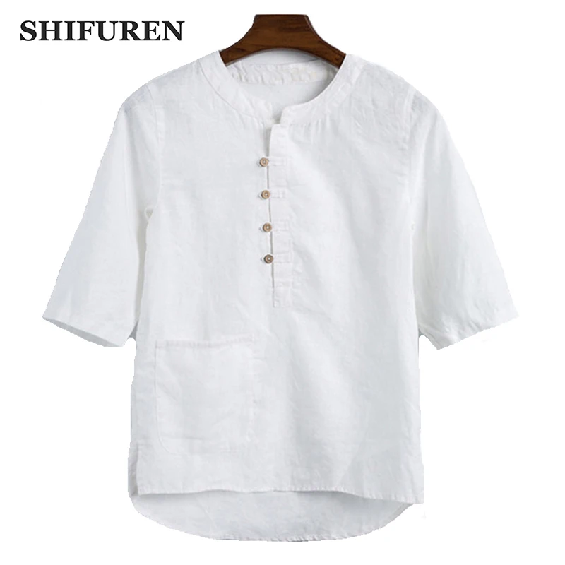 

SHIFUREN Summer Men Linen Shirts Soft Breathable Short Sleeve Tops Stand Collar High Quality Male Casual Social Dress Shirts