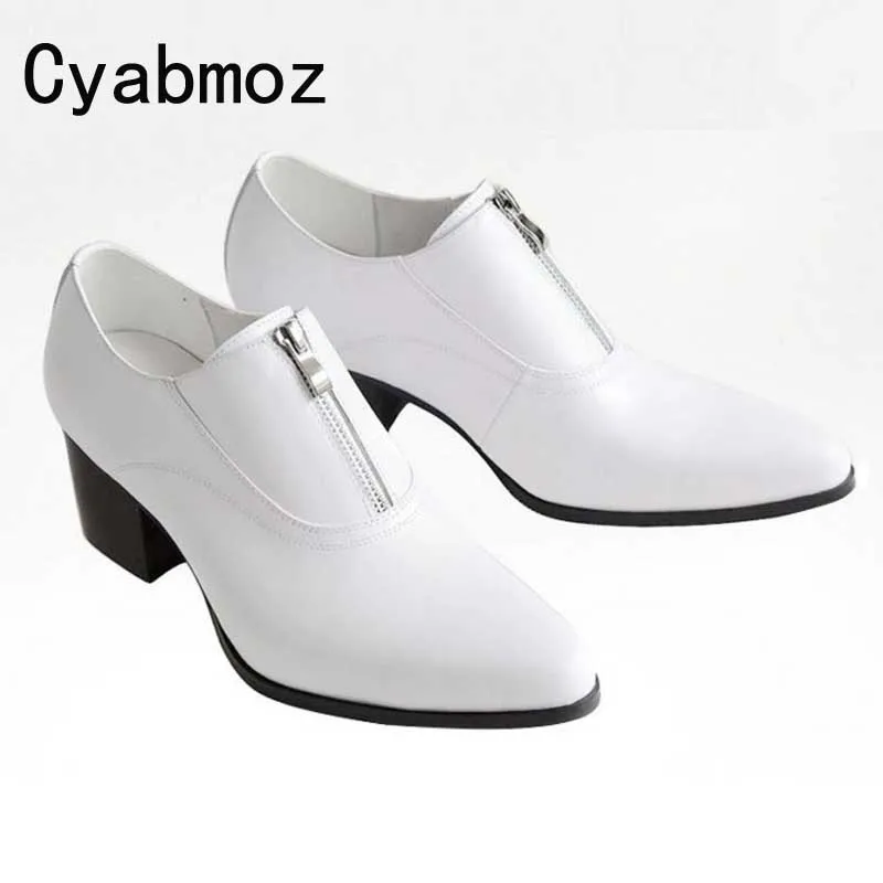 Man 6cm thick high heels mens genuine leather zip career work shoes mens pointed toe height increase fashion party wedding shoes