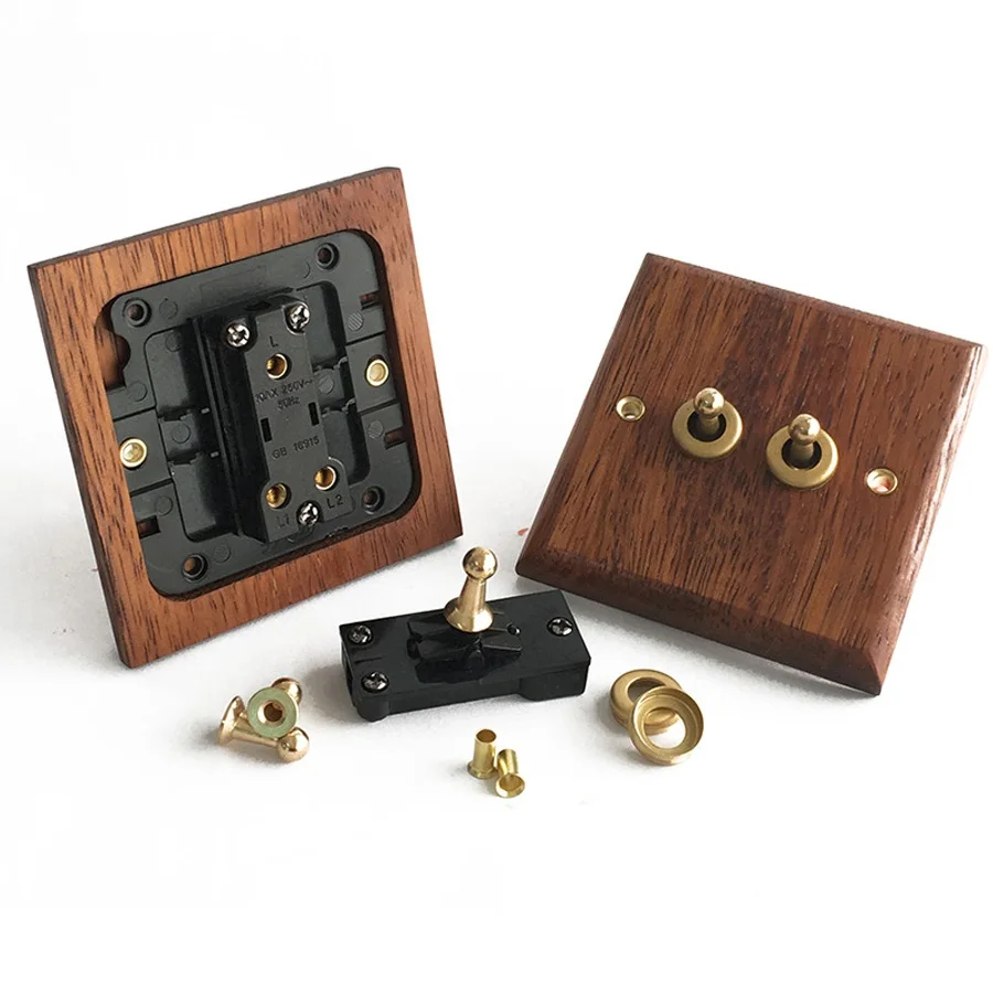 MerbauIpil-Interruptor de pared de madera, Panel de madera, Retro, latón