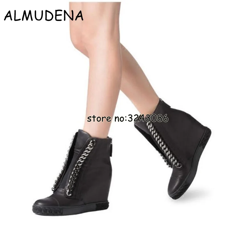 Metal Chain Woman Casual Outdoor Sneakers Suede Round Toe Platform Wedge Ankle Boots Lace Up Lady Height Increasing Shoes