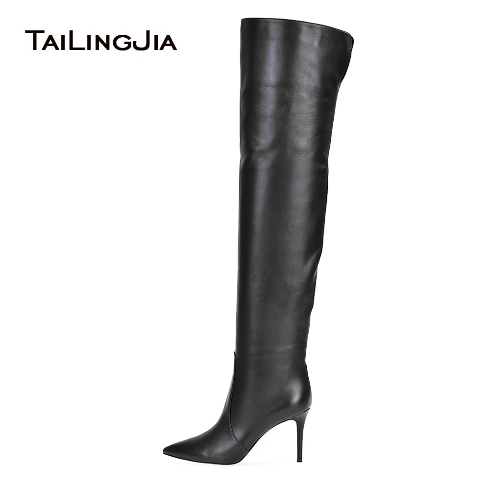 Stivali alti sopra il ginocchio con punta a punta da donna stivali alti con albero a tubo nero scarpe invernali da donna Slip on Long Botas Plus Size