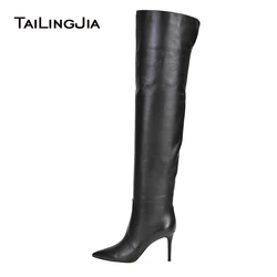 Women Pointy Toe High Heel Over The Knee High Boots Black Tube Shaft Tall Boots Ladies Winter Shoes Slip on Long Botas Plus Size