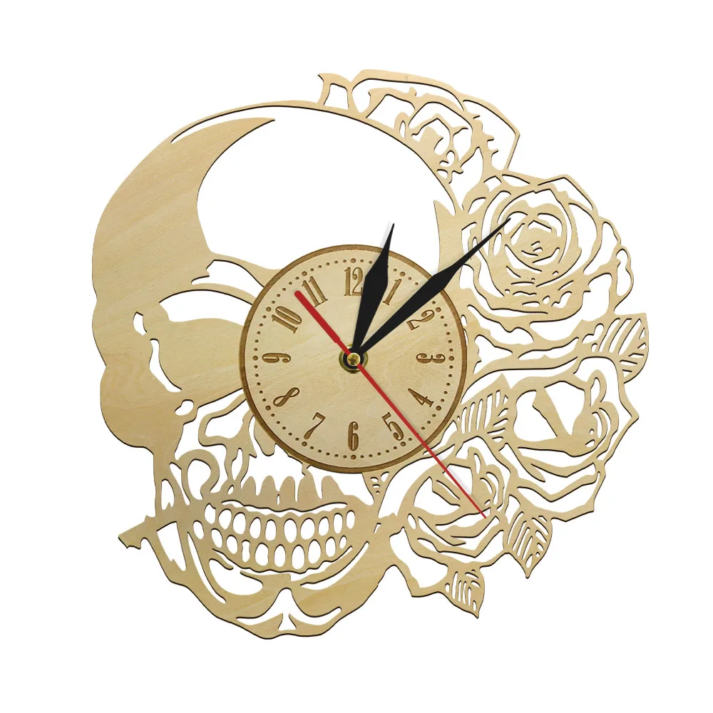 

Tattoo Skull With Rose Vintage Wood Wall Clock Hippie Skull Modern Wall Hanging Decor Halloween Horror Eco Friendly Natural Art