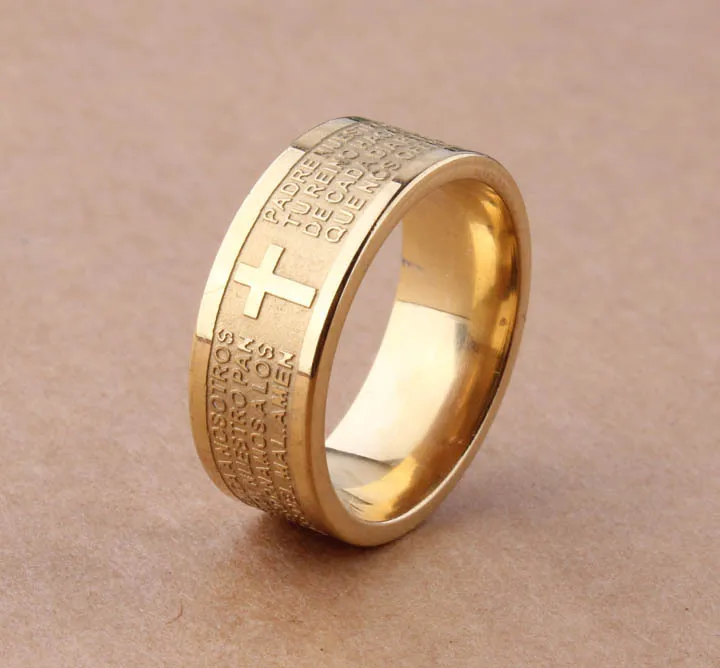 7mm Tone Spanish Golden The Holy Bible  Prayer Cross Ring Stainless Steel Rings Wholesale