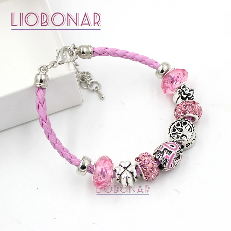 1PC New Arrival Pink Leather Family Tree Pink Ribbon Breast Cancer Awareness Bracelets Jewelry Gift for Cancer Center Foundation