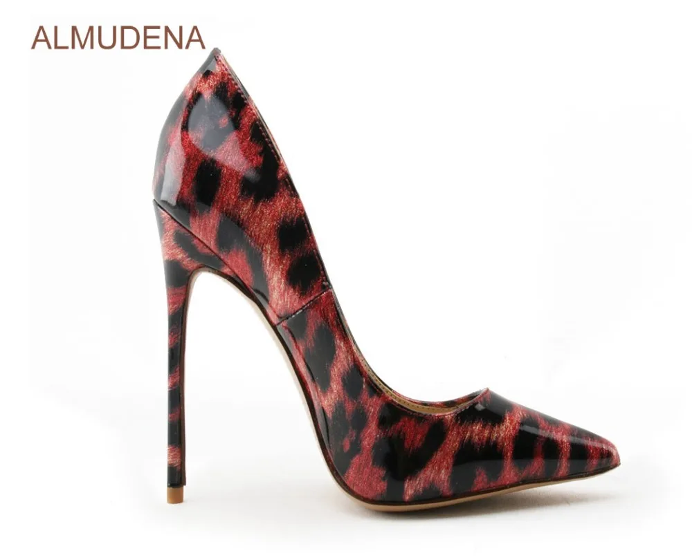 ALMUDENA Sexy Red/black Leopard Printed Dress Shoes Pointed Toe Color Block Pumps Thin High Heel Low Cut Party Shoes For Wedding