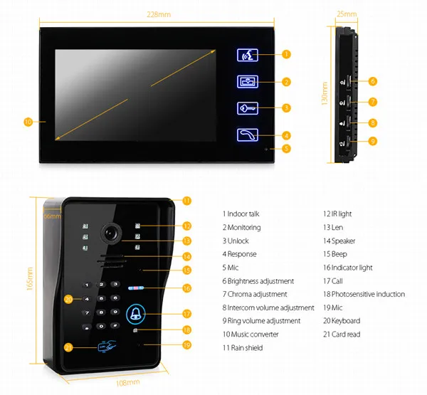 7 inch TFT Color Display Video Intercom Doorbell Door Phone Intercom System