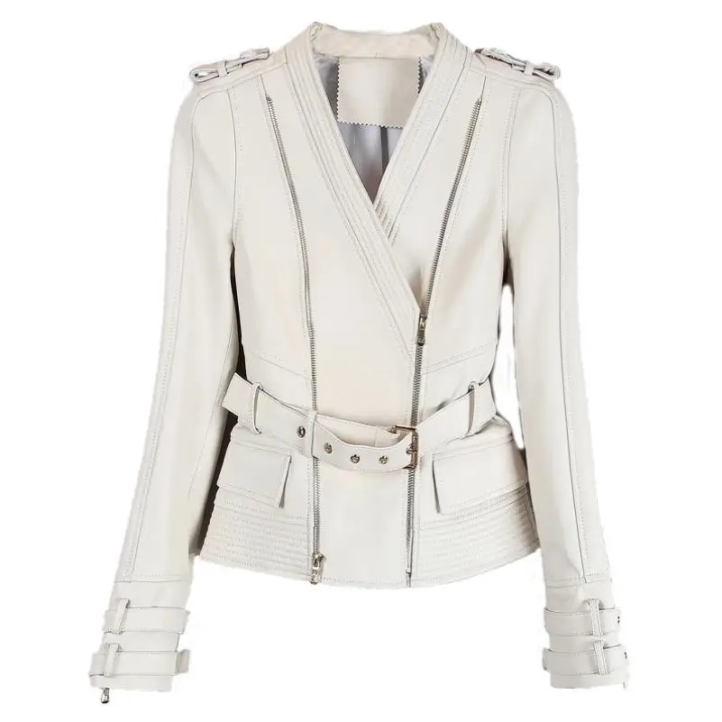 new design PU leather motorcycle jacket women zipper V-neck long-sleeved jacket