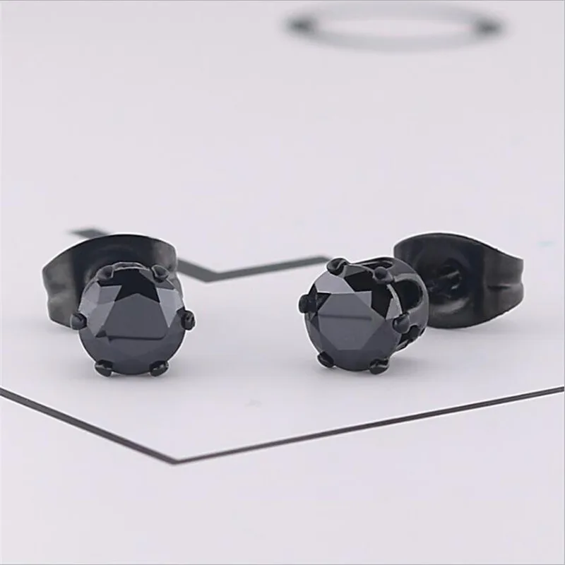 316 L Stainless Steel With AAA Black Round Zircon Stud Earrings Size From 2mm to 8mm