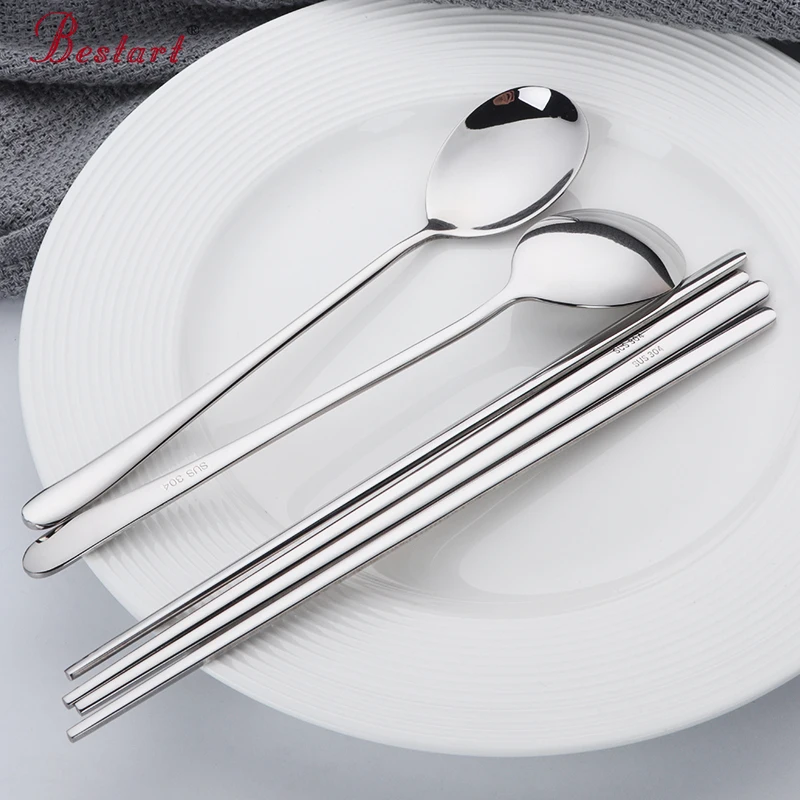 Korean Style 304 Stainless Steel Chopsticks and Spoon Set Eco-friendly Family 18/8 SS Tableware for Children Lunch Flatware set