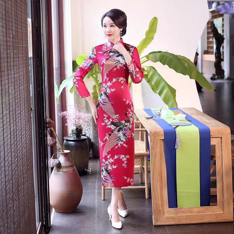 Chinese National Spring Cheongsam Long Dress Peacock Floral Vintage Silk Long Sleeve Dresses