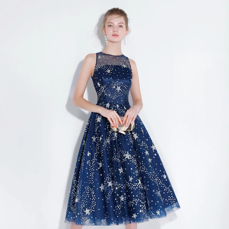 Customized Short Cocktail Dress Blue Star Shines Sleeveless High-necked Party Gown Formal Dresses Robe De Soiree