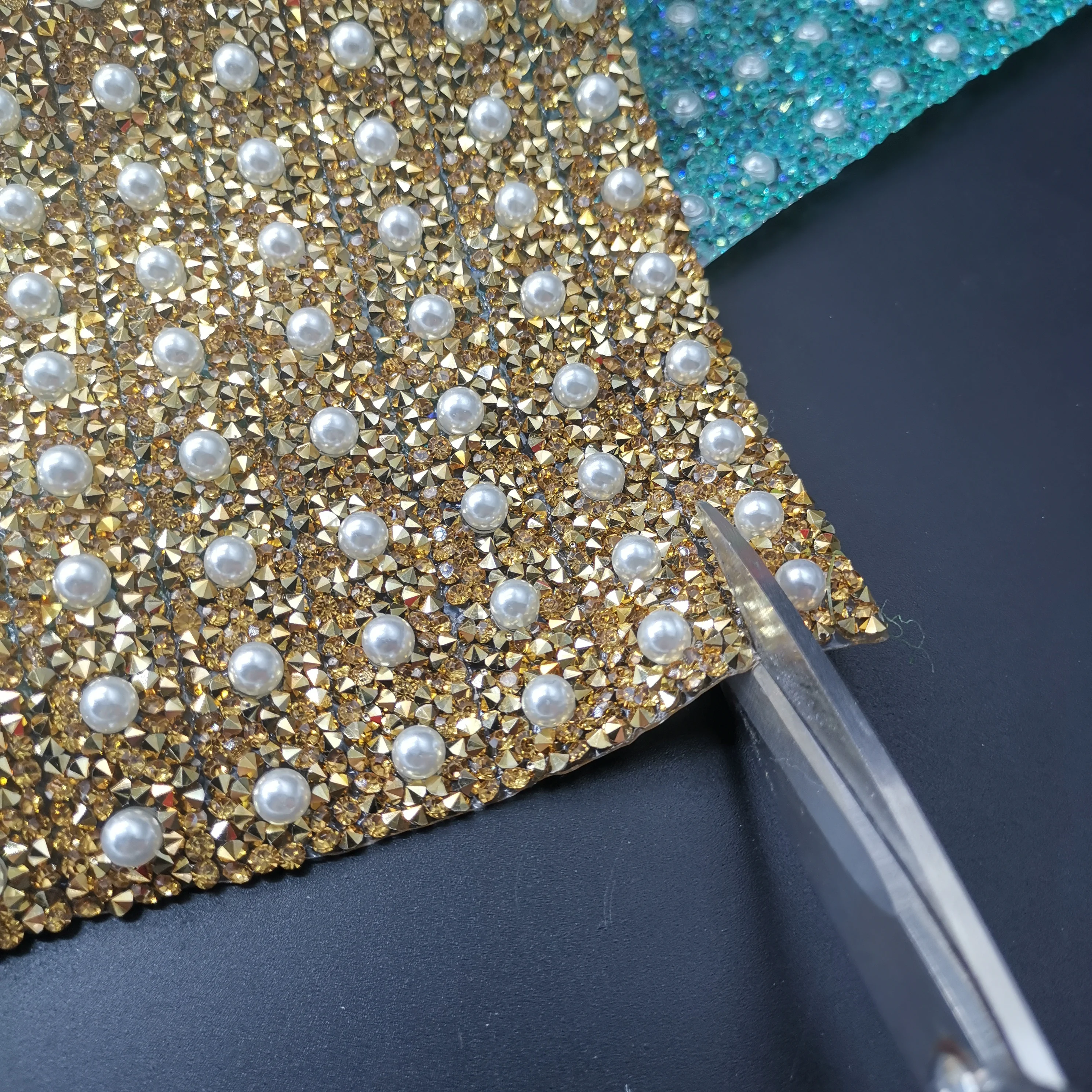 24*40cm Pearl Glitter Multicolor Rhinestone Mesh Trim Hotfix Crystal Fabric Sheet Strass Ribbon Applique For Dress Crafts