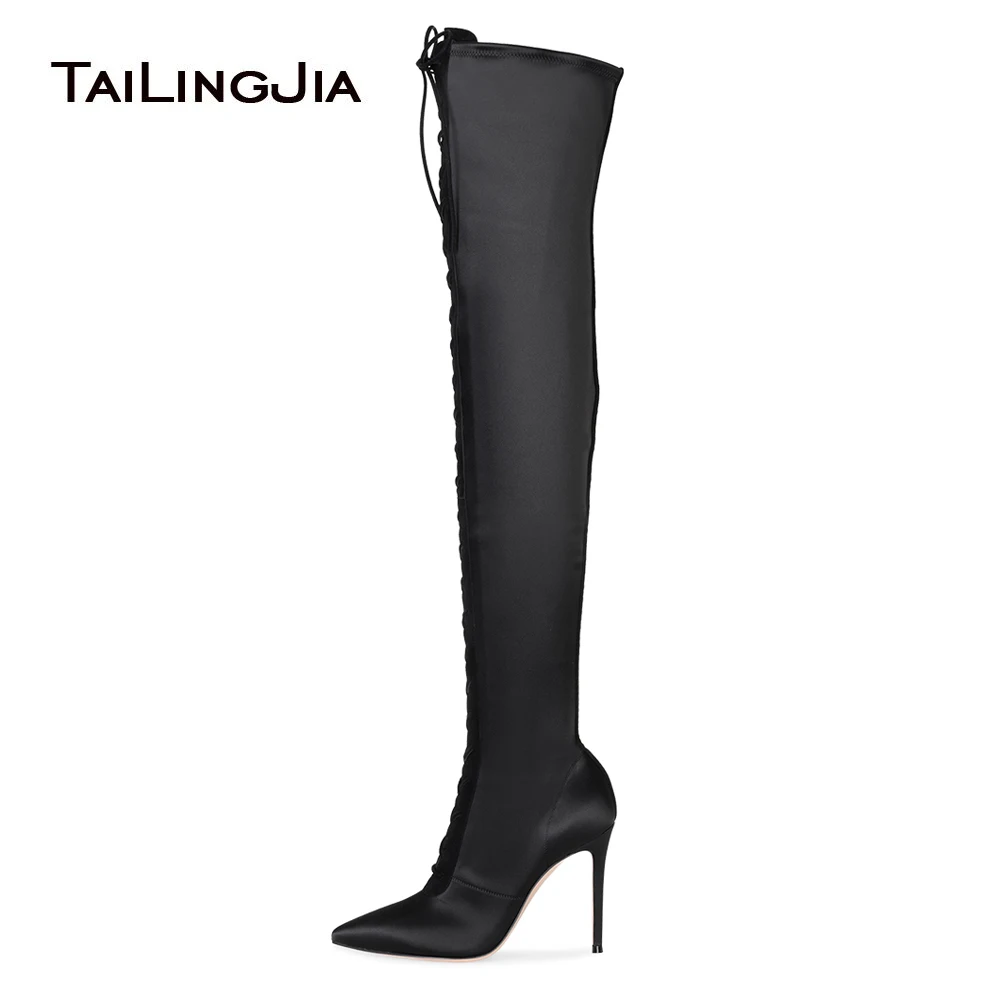 

Pointed Toe Lace Up Black Satin Over The Knee High Boots Women High Heel Thigh High Boots Ladies Heeled Winter Shoes Big Size