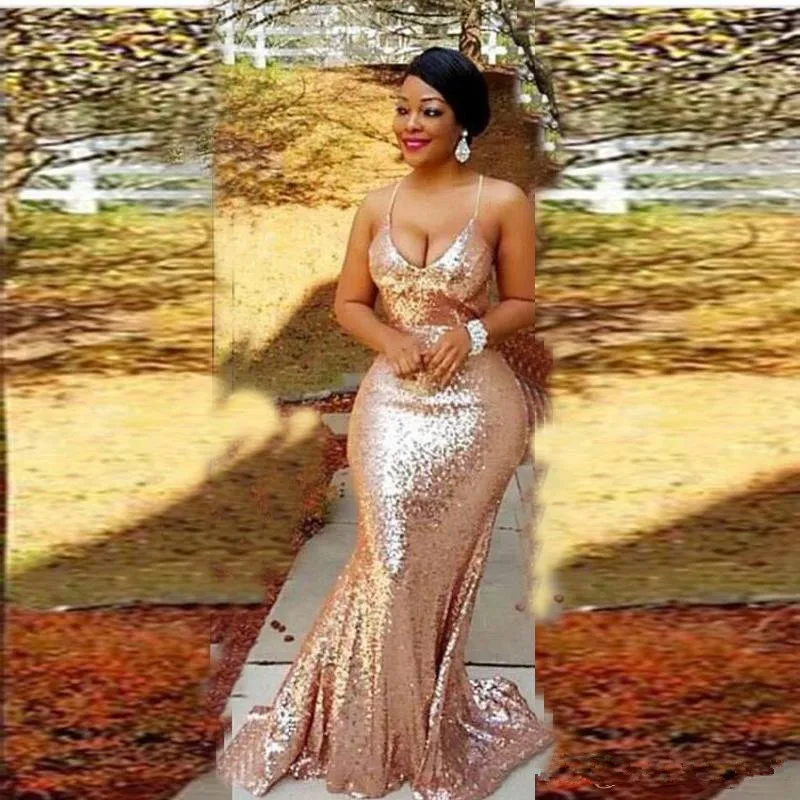 2019 New Gold Faísca Lantejoulas Sexy Low-cut Spaghetti Vestidos de Baile Sereia Champagne Vestido De Noite Sem Encosto Frete Grátis com B