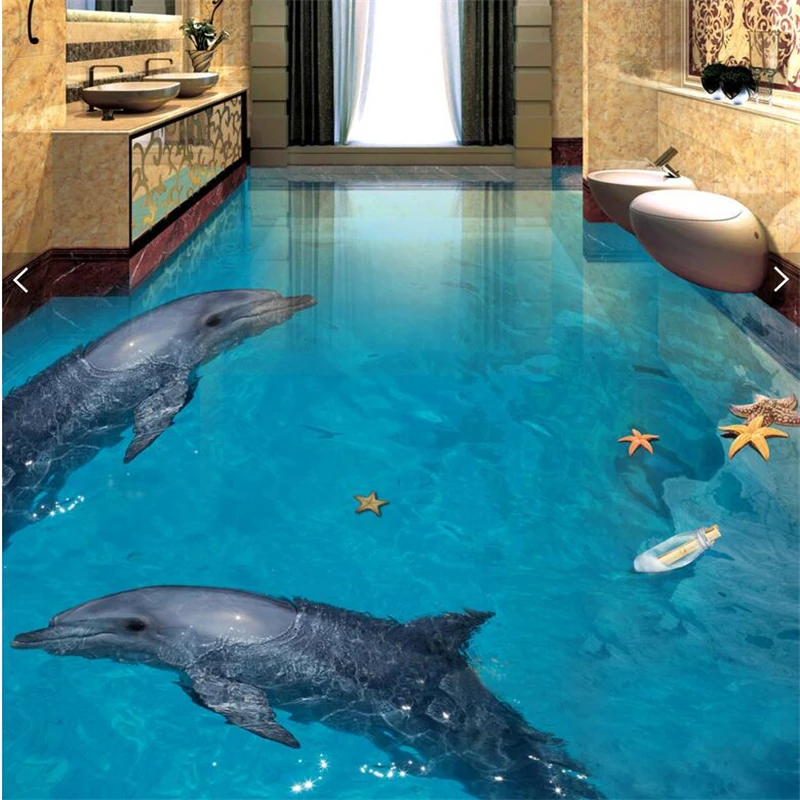 beibehang Custom waterproof floor painting 3d self-adhesive dolphin ocean world decorative painting bathroom living room floor