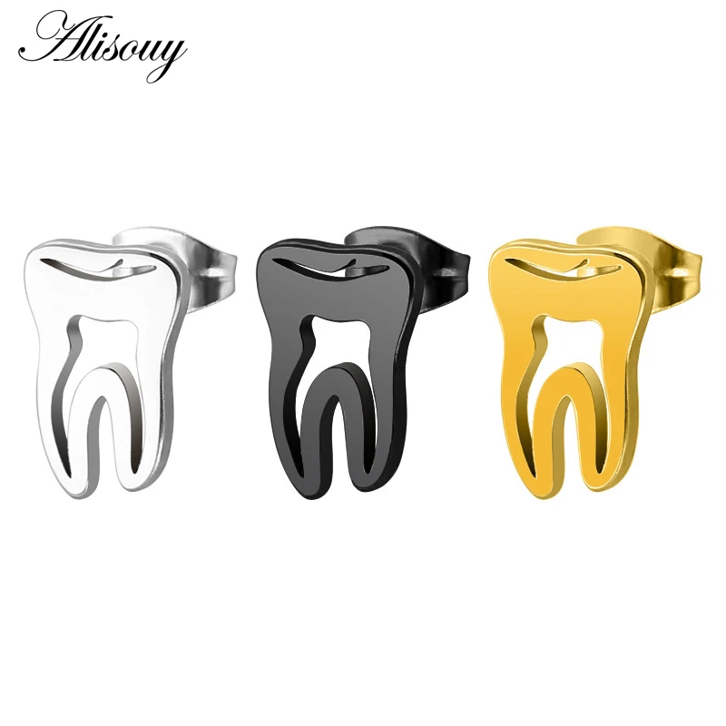Alisouy 2pcs Trendy Stainless Steel Gold Color Hollow Teeth Earrings Minimalism Love Dental Ear Studs Men Woman Jewelry Gifts