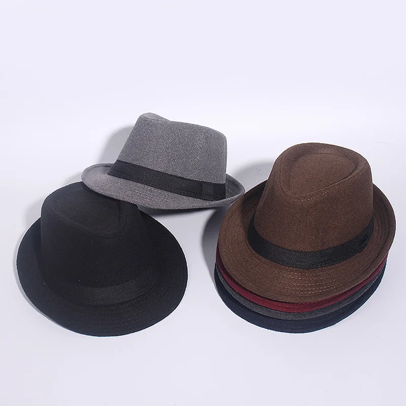 Gray Black Fedora Hat Classical Wide Brim Hat Men Solid Men\'s Dad Vintage Top Jazz Hat Autumn Winter Bowler Sombrero Felt Cap