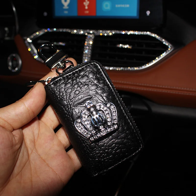 Bling crystal Crown Car key Case Bag High Quality Leather steering wheel cover outlet storage bag Atuo Interior Accessories Set