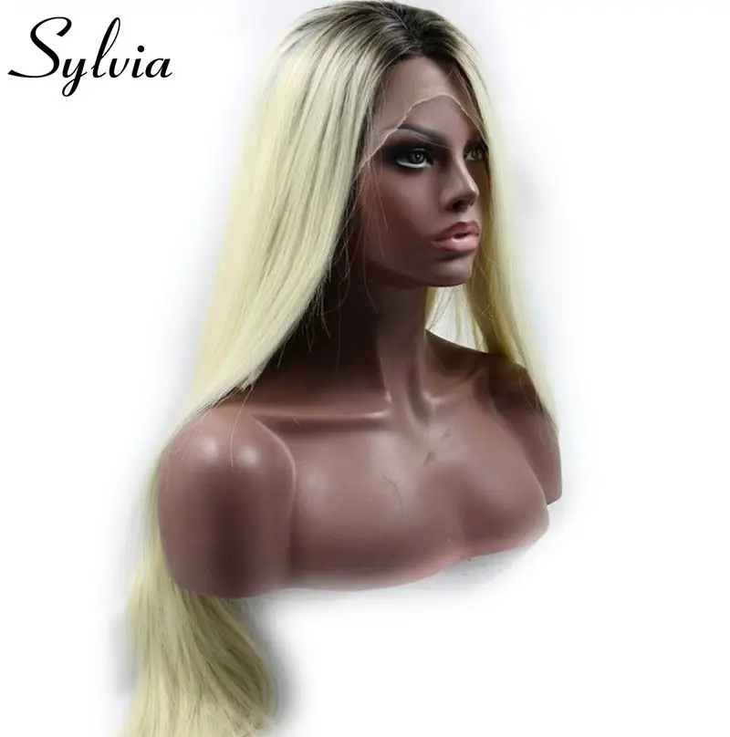 

Sylvia 613# Ombre Silky Straight Synthetic Lace Front Wig With Brown Roots Heat Resistant Fiber Hair For Women