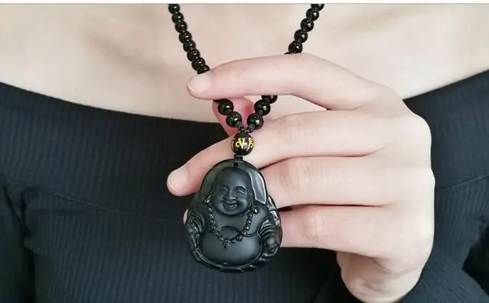 Natural Obsidian Black Buddhism Buddha Pendant necklace