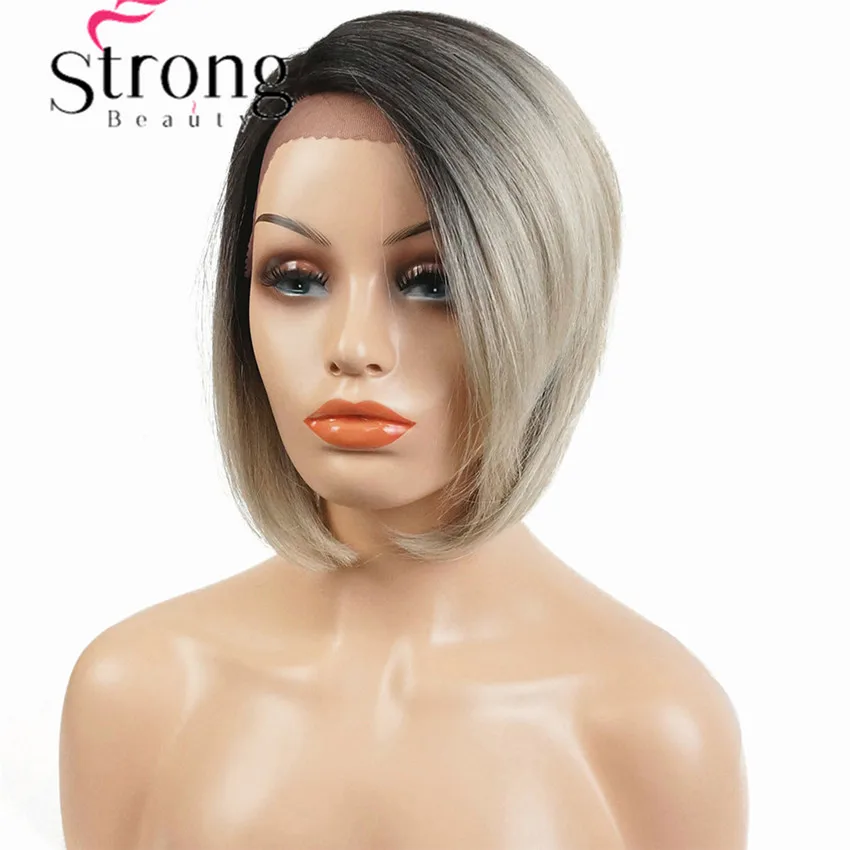 

StrongBeauty Bob Lace Front Wig with L Part Lace Wig Ombre Blonde Black Root Hand tied Invisible Synthetic Straight Wigs