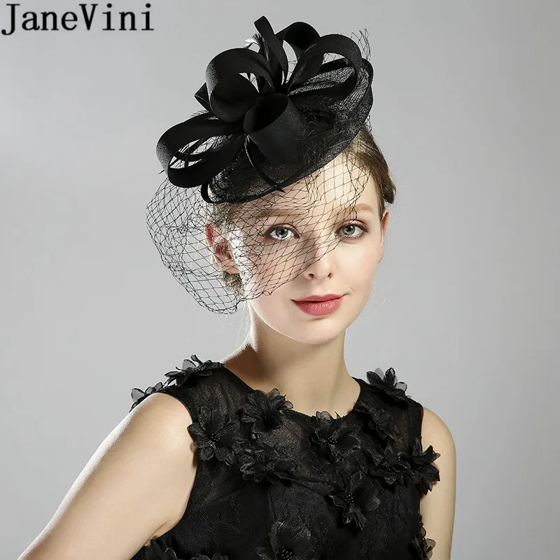 

JaneVini Black/Red Vintage Bridal Hat Face Veil Feathers Fascinators Flower Holiday Party Formal Womens Wedding Hat Headwear