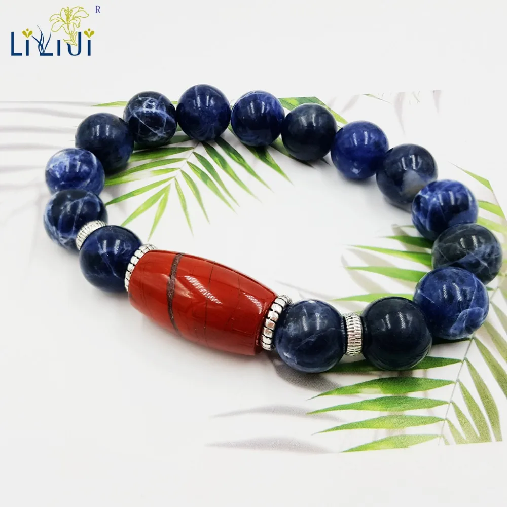 LiiJi Unique Natural Stone Blue Sodalite 12mm Red Jaspers Charm Fashion Men Bracelet Approx 21cm/8.25inches