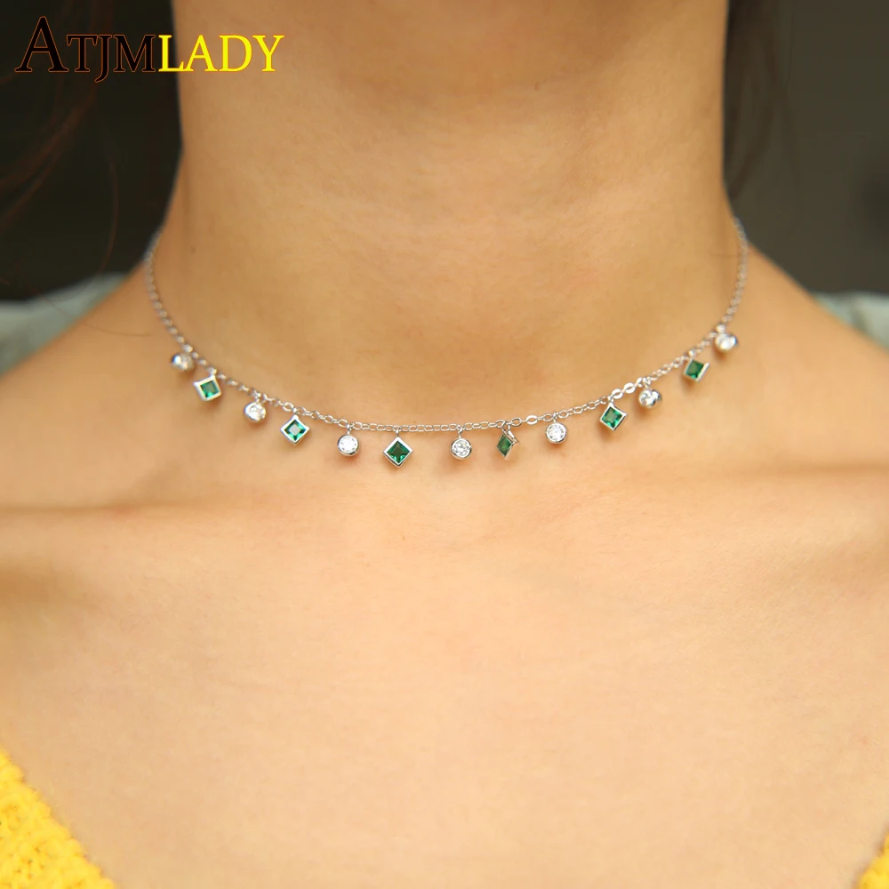 High Quality Bezel Cz Station Statement Green round square cz Charm Pendant 33+7cm Choker Necklace Thin Chain for women