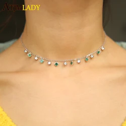 High Quality Bezel Cz Station Statement Green round square cz Charm Pendant 33+7cm Choker Necklace Thin Chain for women