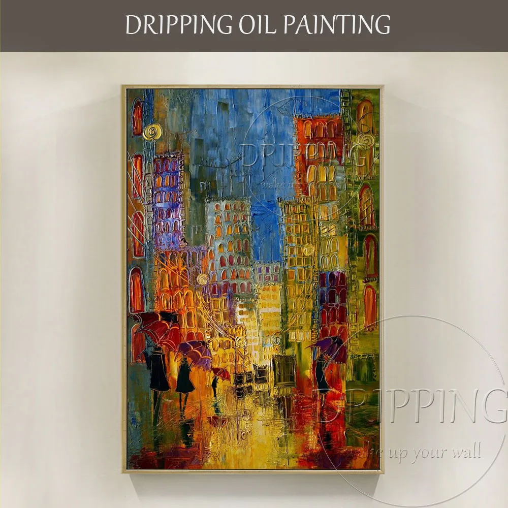 Professional Artist Hand-painted Modern Abstract Street Oil Painting on Canvas People Walking in Rainy Street Oil Painting